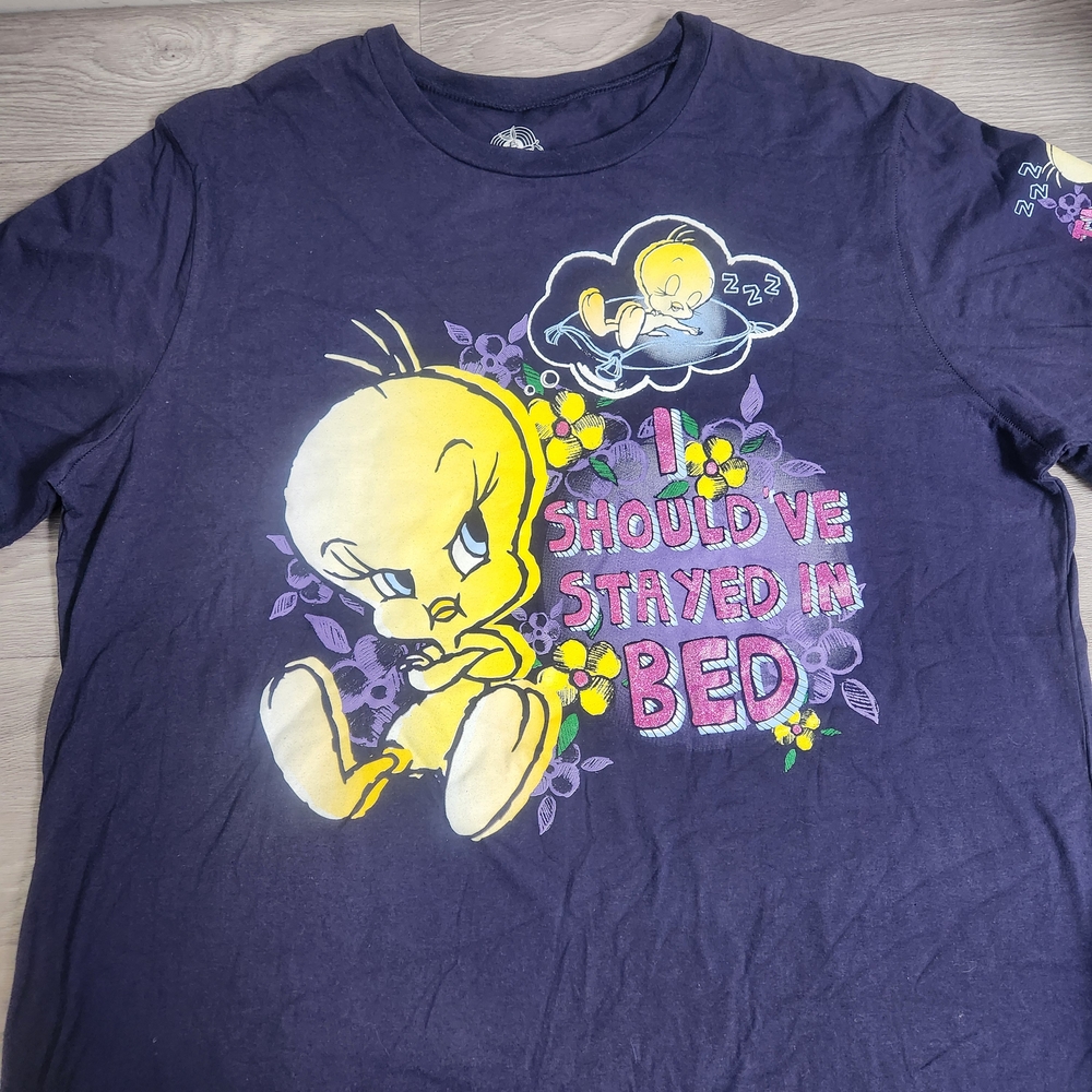 Looney Tune Blue‎ Shirt Size 2X Tweety Bird Warner Brothers Stayed In Bed Print